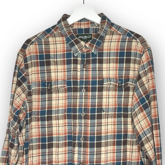 Eddie Bauer Flannel Shirt Tan Button Front Pocket Plaid Hiking Outdoor Men’s XXL - Picture 3 of 10